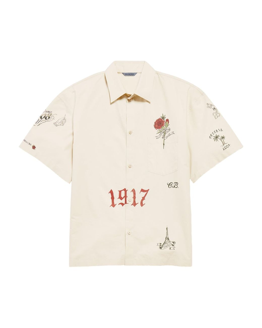 Balenciaga White Cotton Tattoo Short-Sleeve Shirt for men