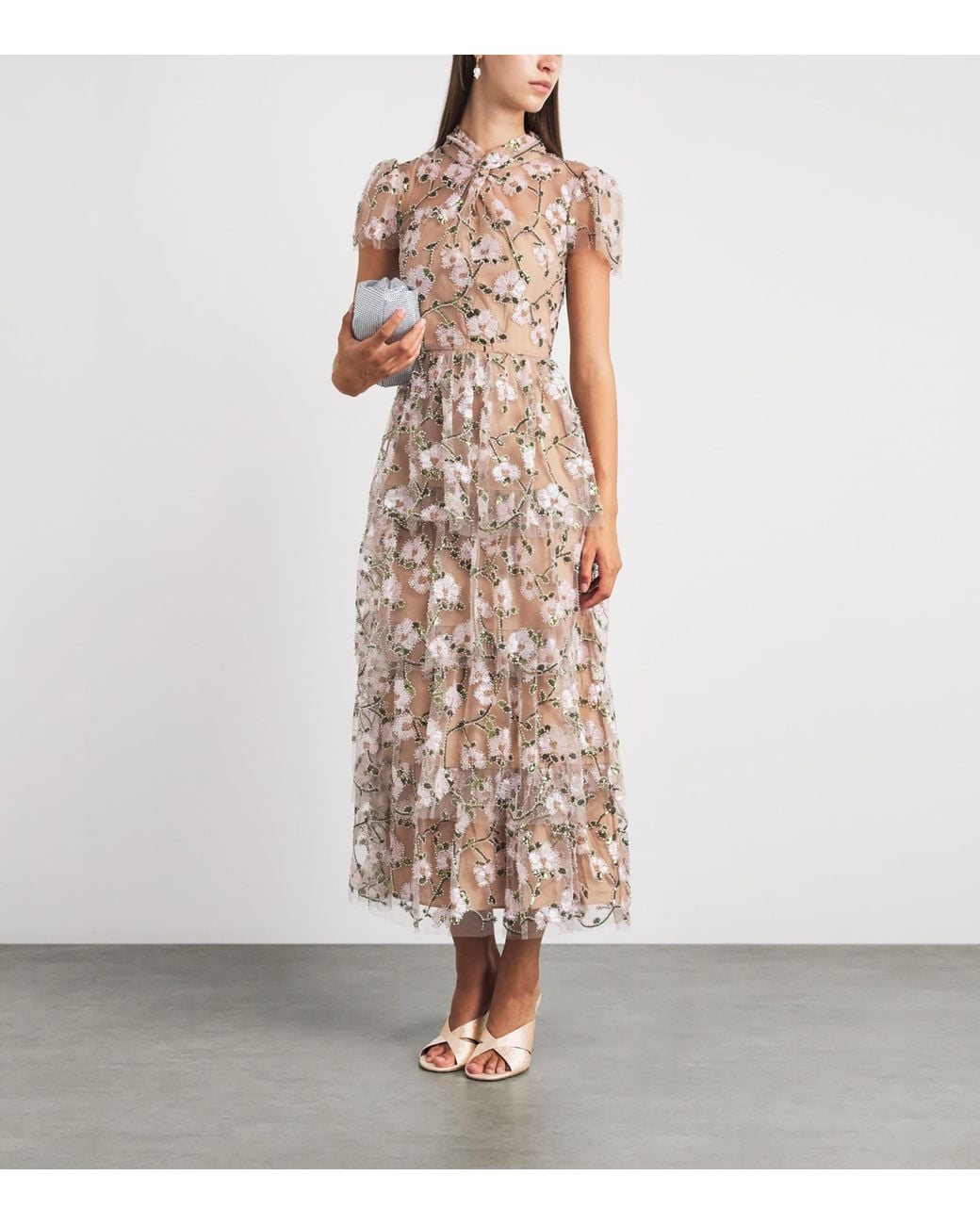 Self-Portrait Natural Sequin-Embellished Tiered Midi Dress