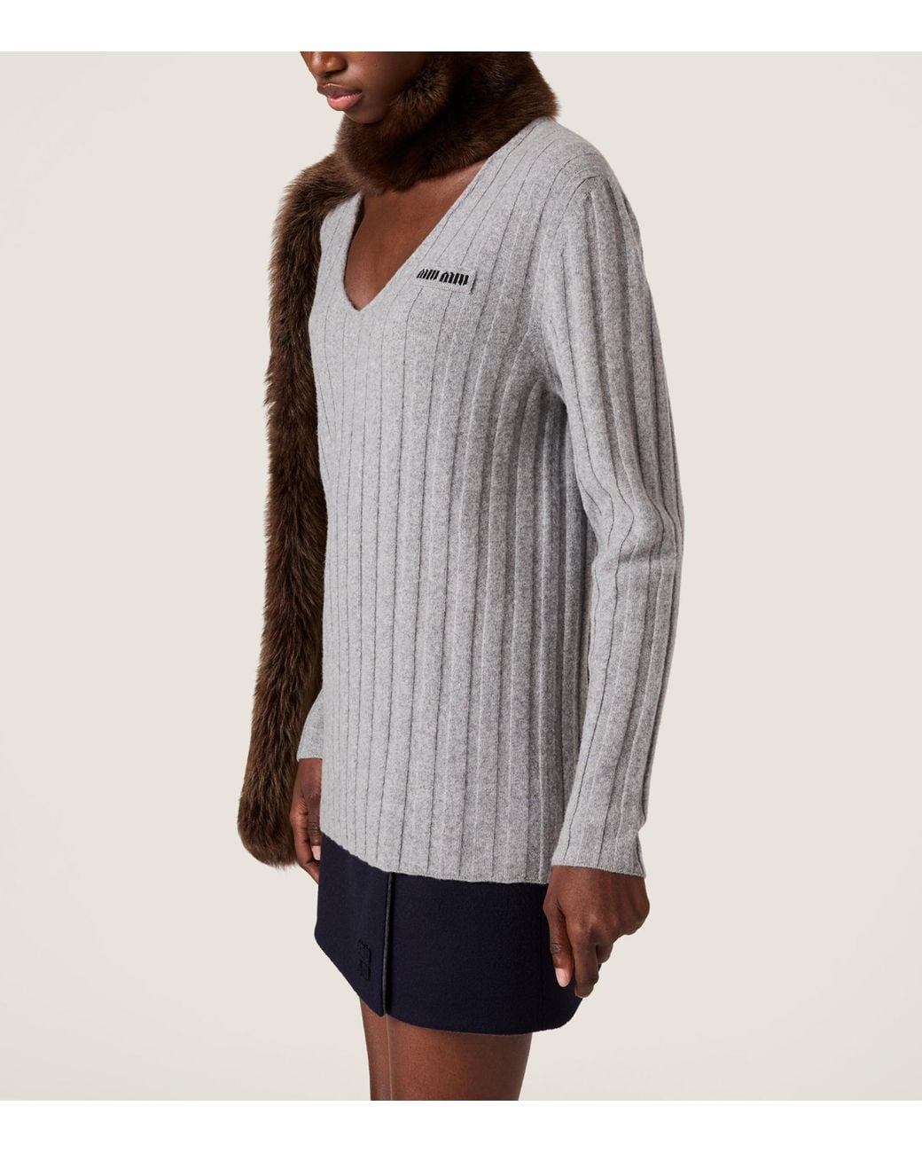 Miu Miu Gray Wool-Cashmere Ribbed Oversized Sweater