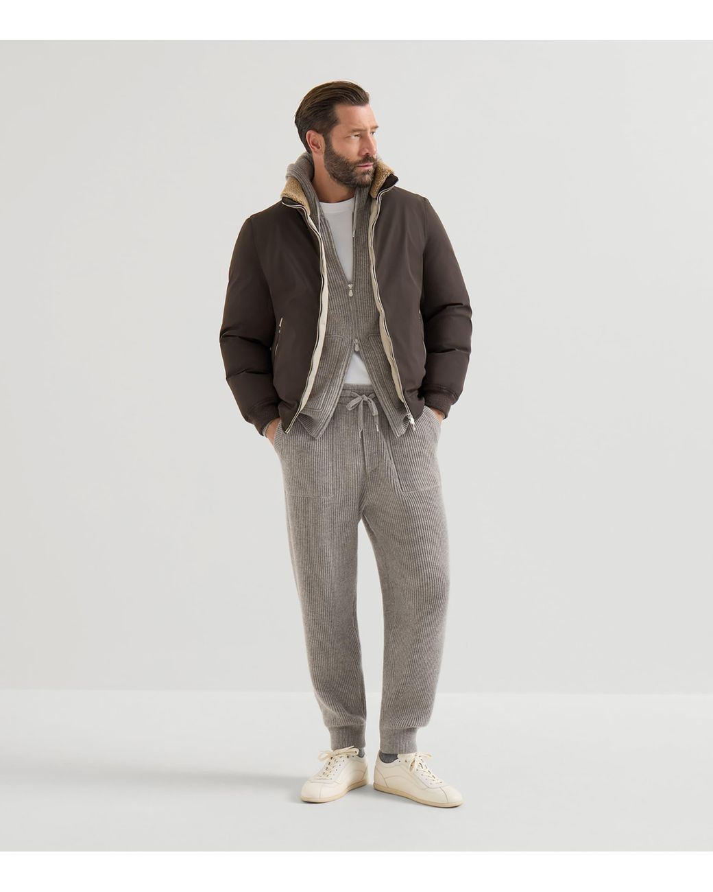 Brunello Cucinelli Gray Cashmere Rib-Knit Zip-Up Cardigan for men