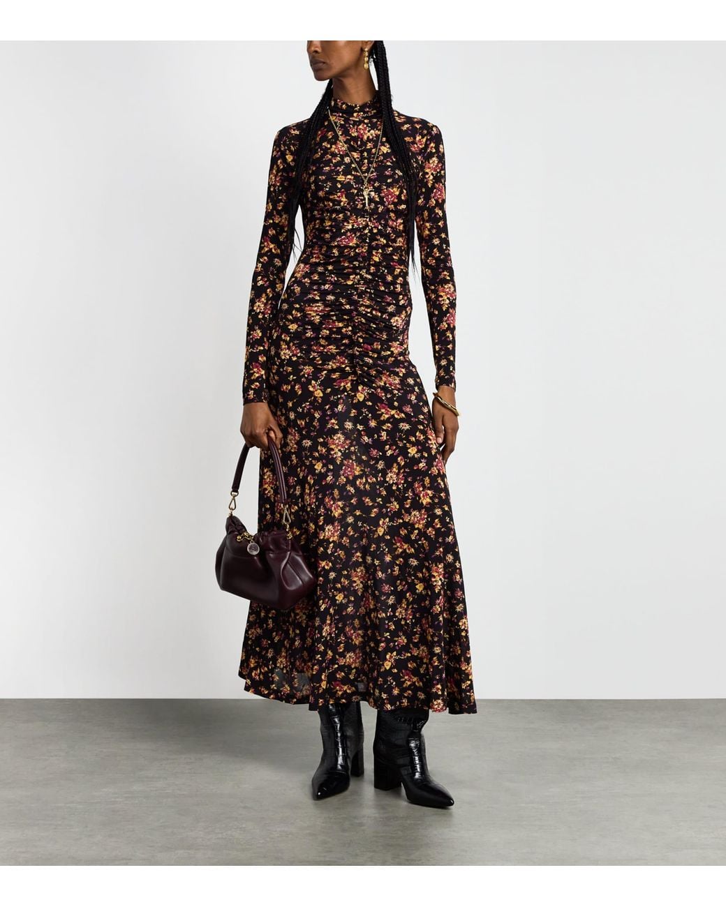 Ulla Johnson Brown Gathered Floral Midi Dress