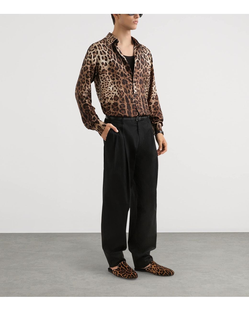 Dolce & Gabbana Brown Silk Leopard Print Shirt for men