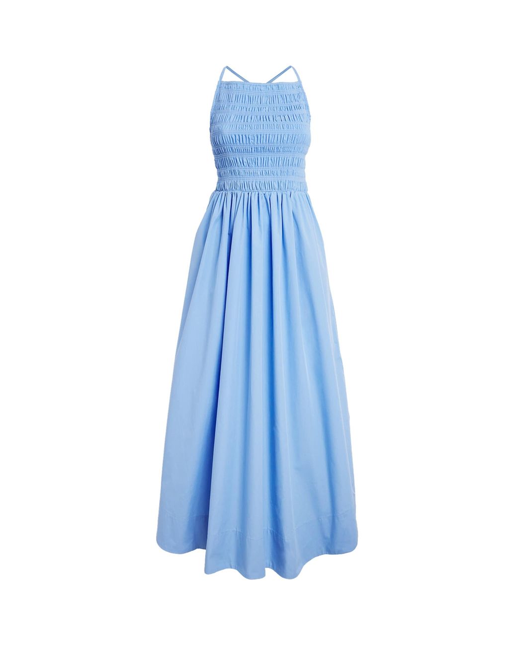 Ganni Blue Organic Cotton Shirred Maxi Dress