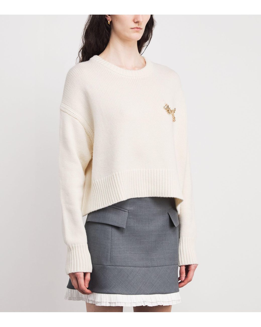 Maje White Wool-Cashmere Brooch Sweater