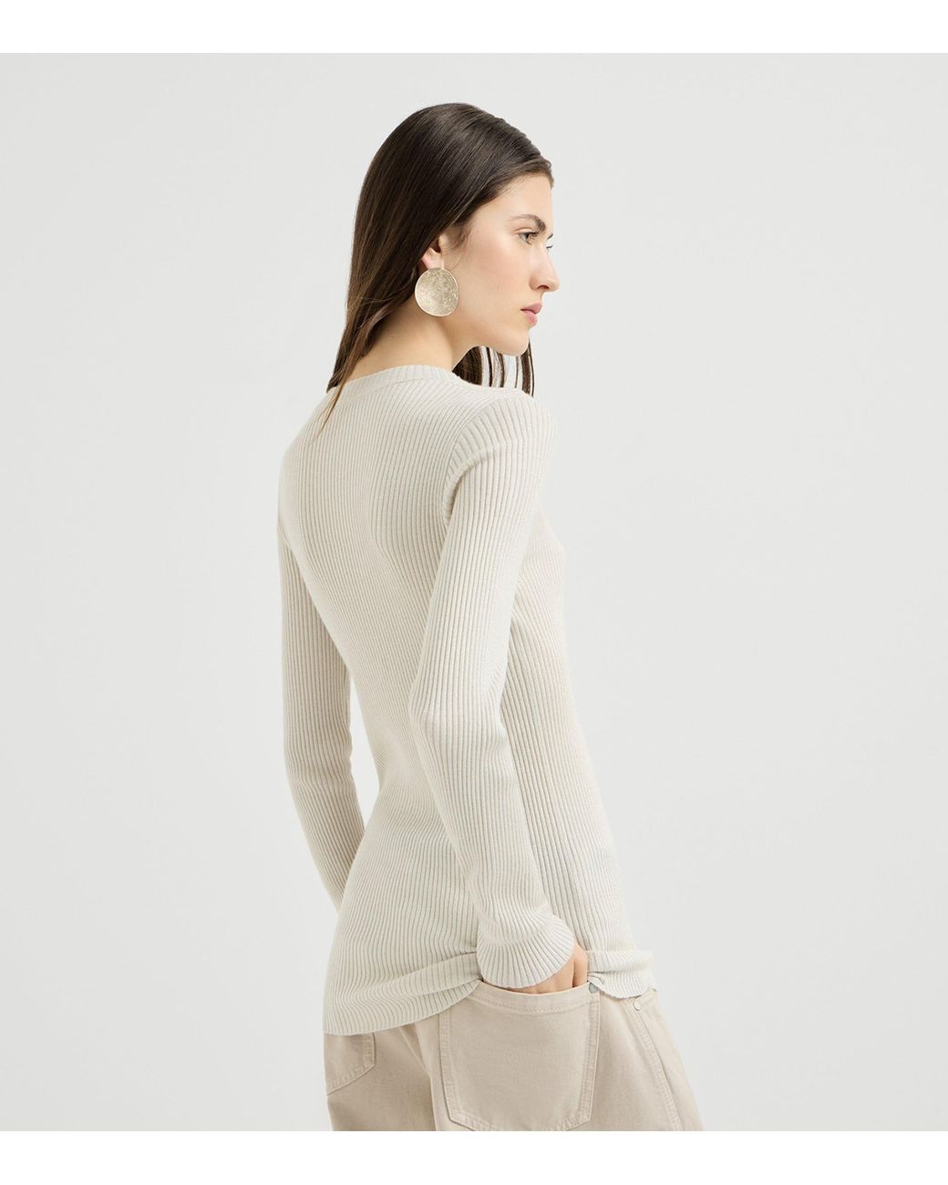 Brunello Cucinelli White Cashmere-Blend Ribbed Sparkle Sweater