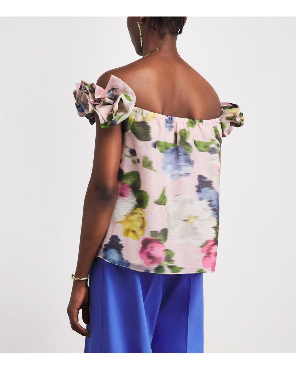 Carolina Herrera Pink Linen-Silk Floral Off-The-Shoulder Top