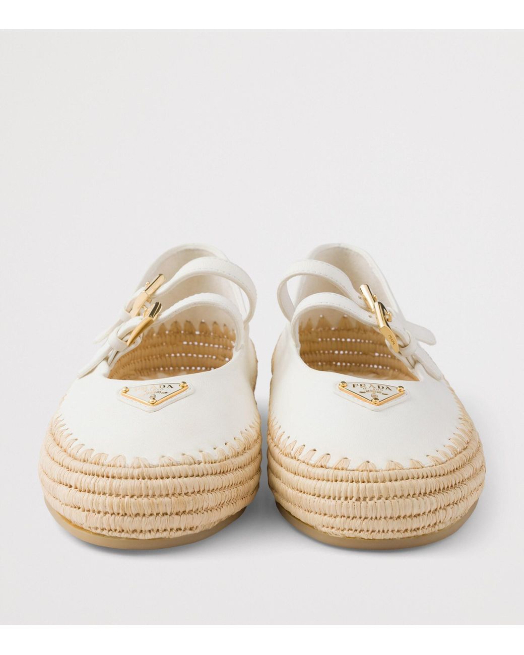 Prada Natural Leather And Raffia Ballet Flats