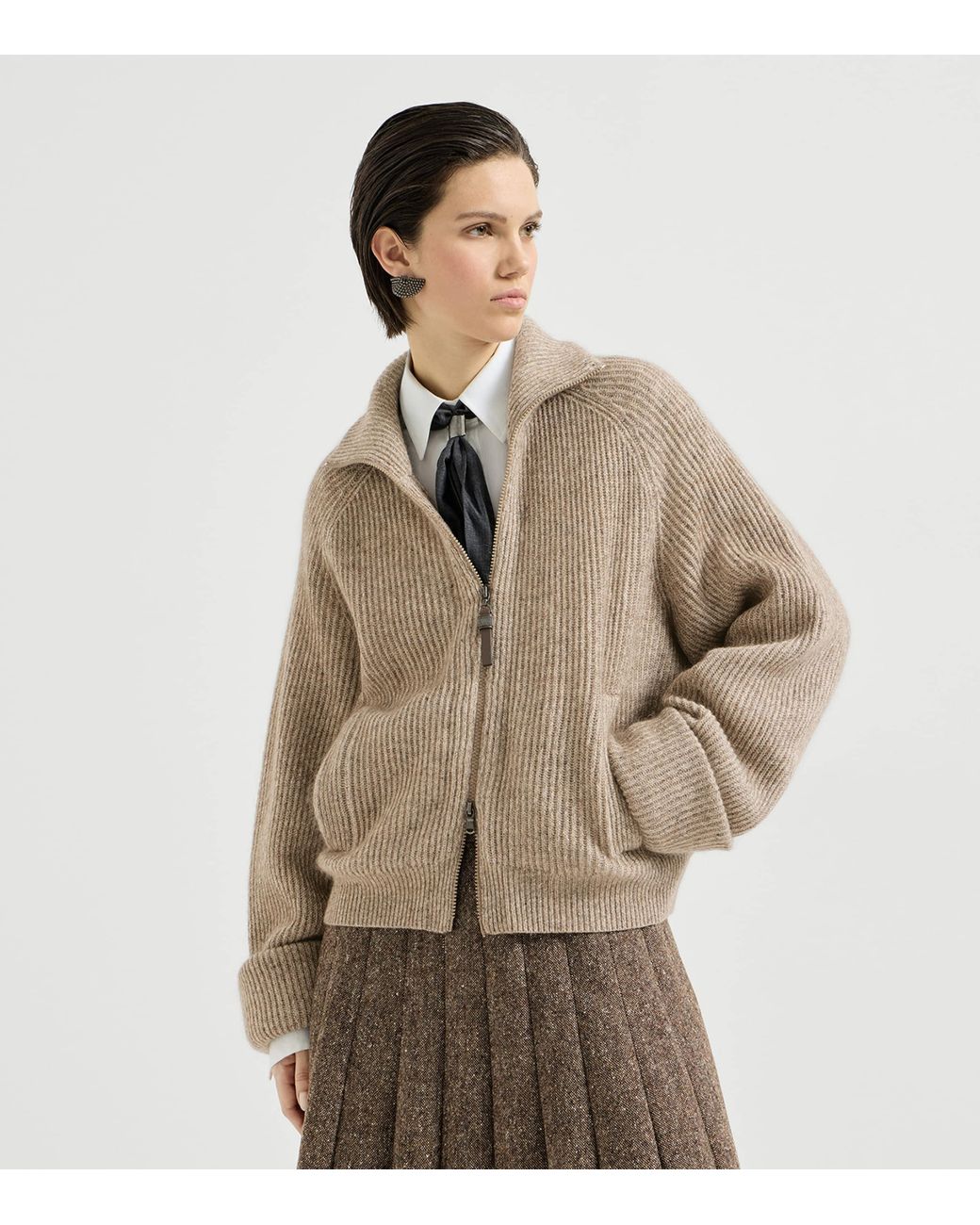 Brunello Cucinelli Natural Sparkling Rib-Knit Cardigan