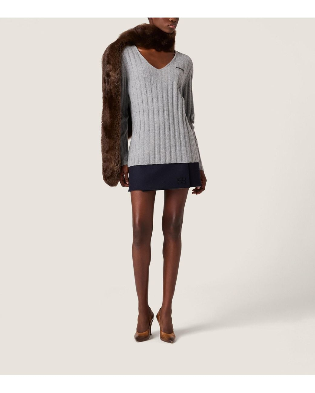 Miu Miu Gray Wool-Cashmere Ribbed Oversized Sweater