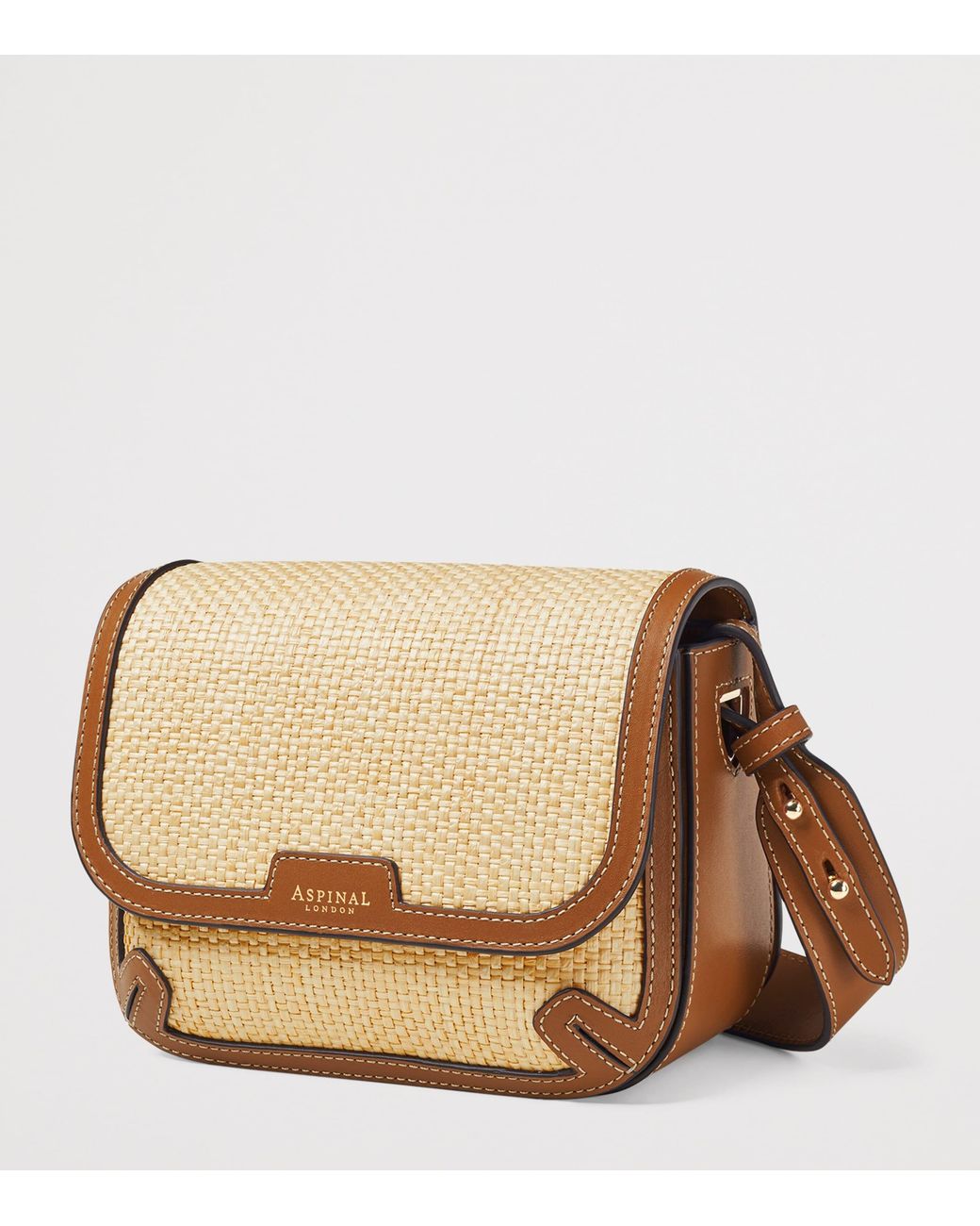 Aspinal Brown Leather Raffia-Front Ella Cross-Body Bag