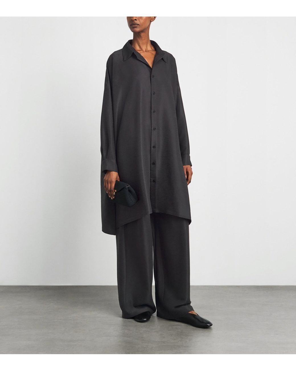 Eskandar Black Silk Plissé Wide A-Line Shirt