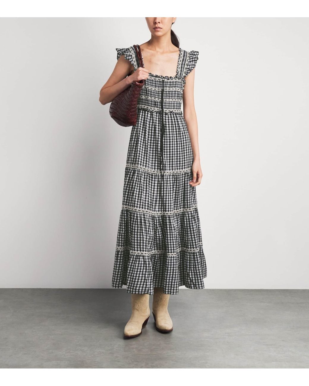 Rixo Gray Cotton Check Chandra Midi Dress