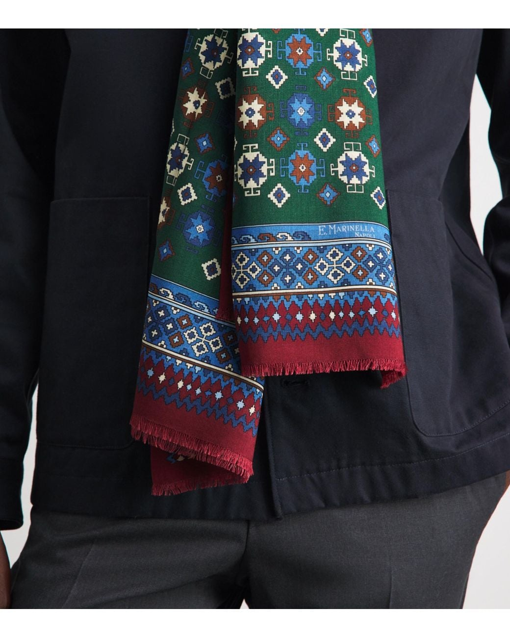 E.MARINELLA Green Wool-Silk Geometric Print Scarf for men