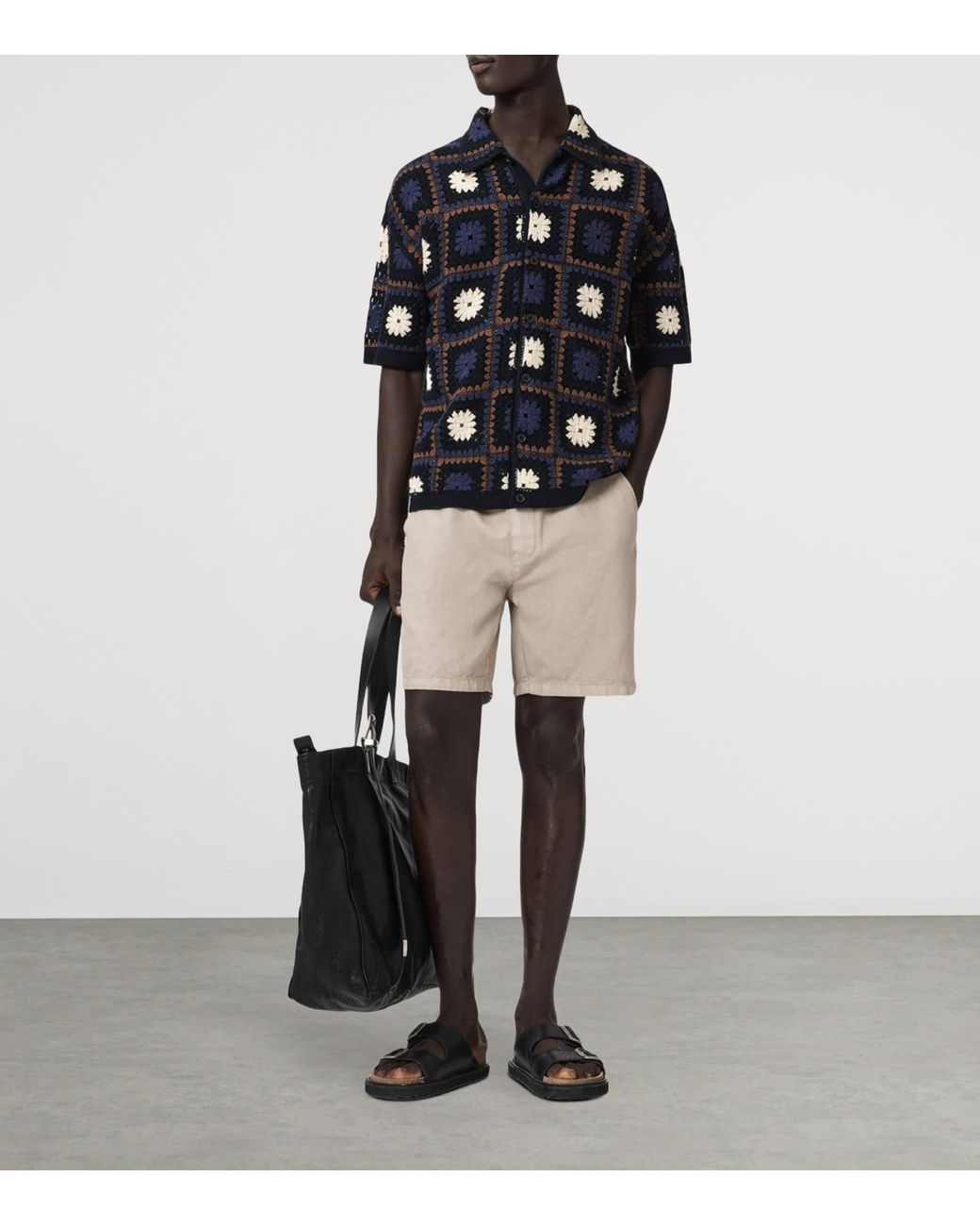 AllSaints Blue Organic Cotton Crochet Short-Sleeve Shirt for men