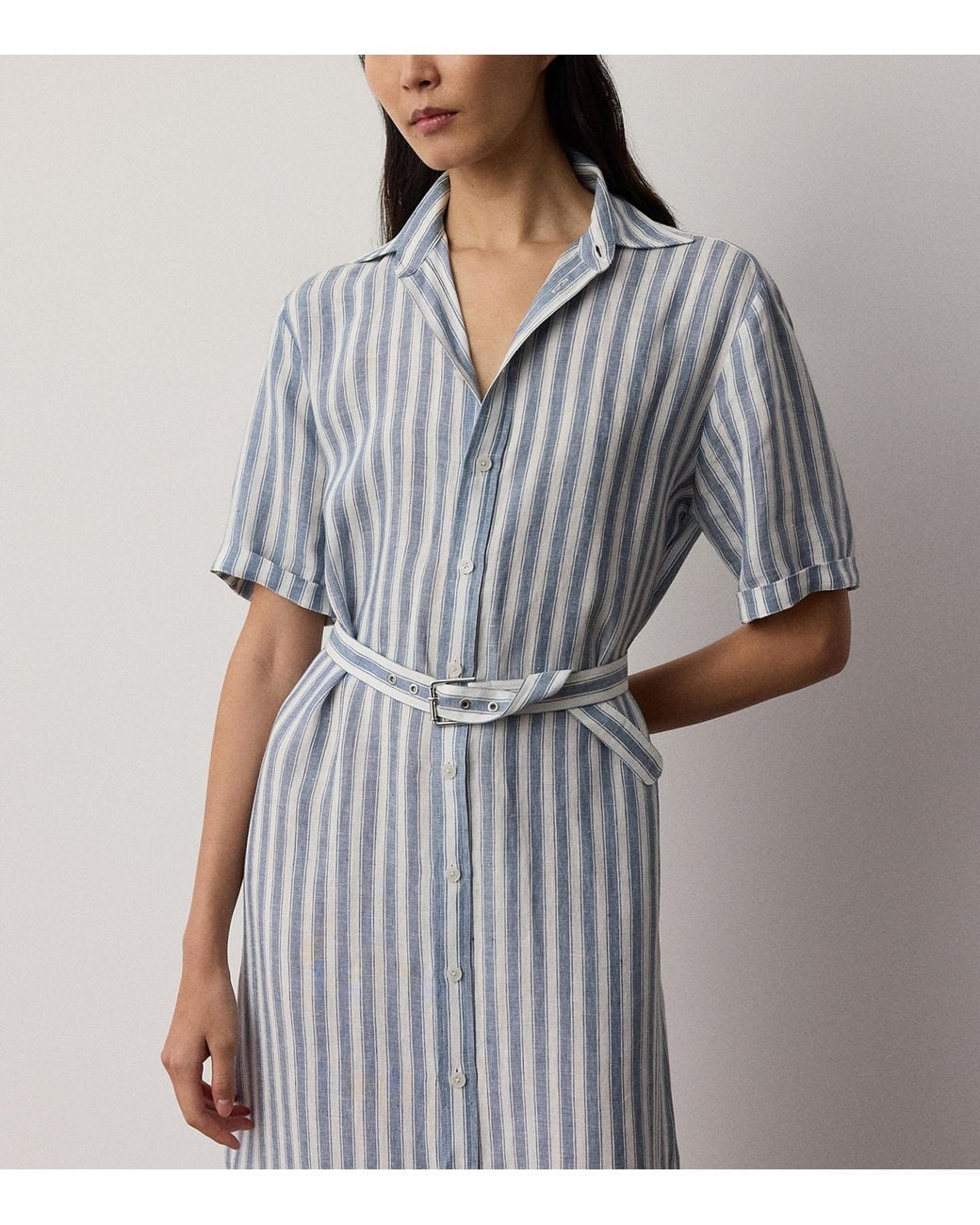 Ralph Lauren Blue Carol Striped Linen Day Dress
