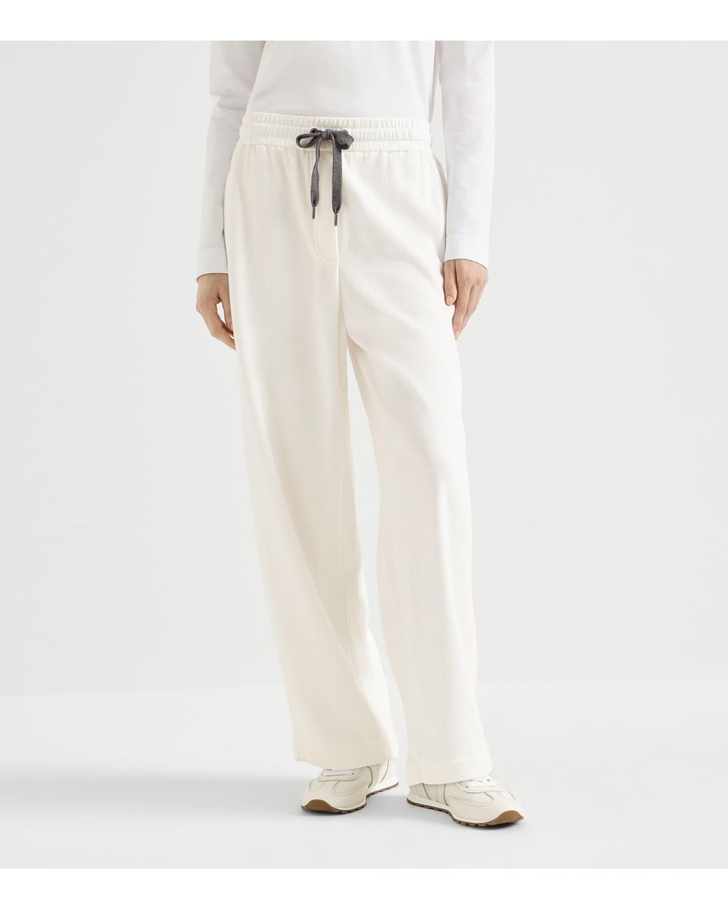 Brunello Cucinelli White Piqué Drawstring Straight Trousers