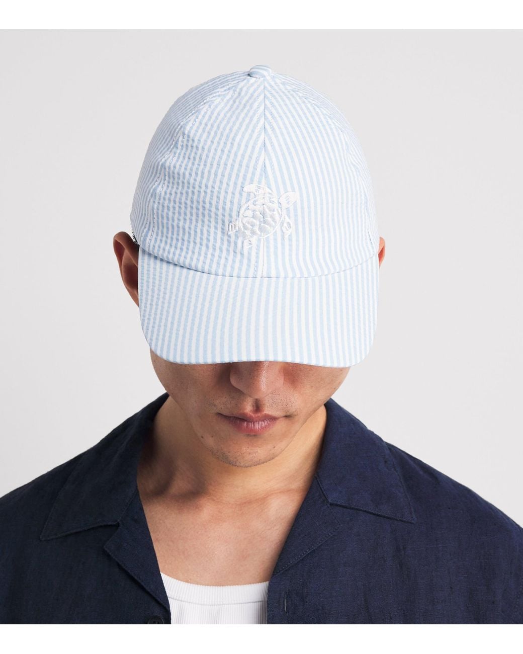 Vilebrequin White Seersucker Stripe Turtle Baseball Cap for men