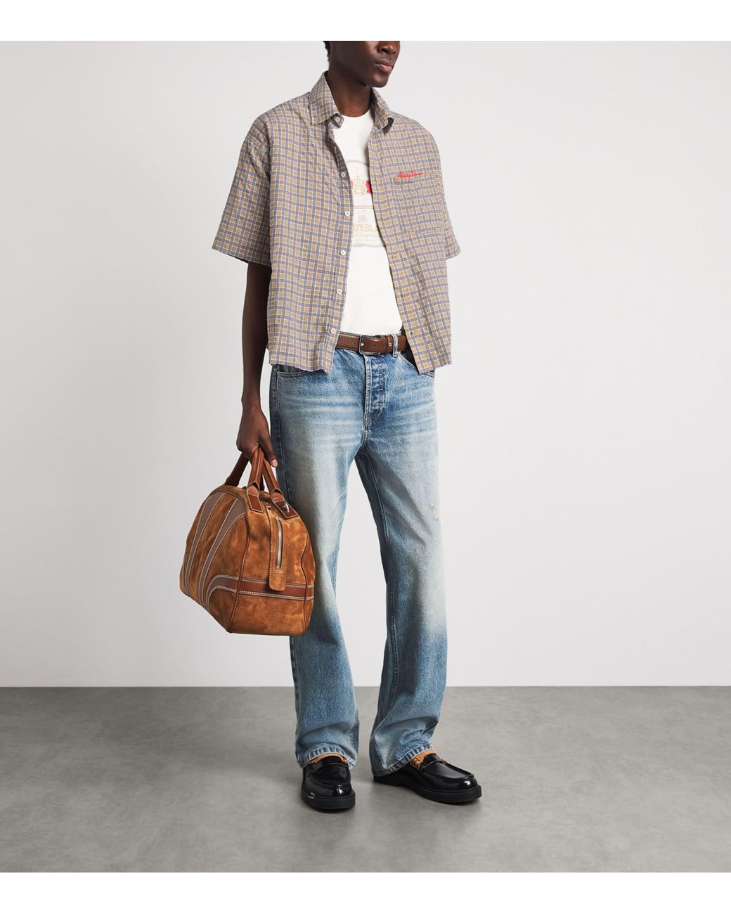 About Blank Gray Cotton Raw-Hem Check Short-Sleeve Shirt for men