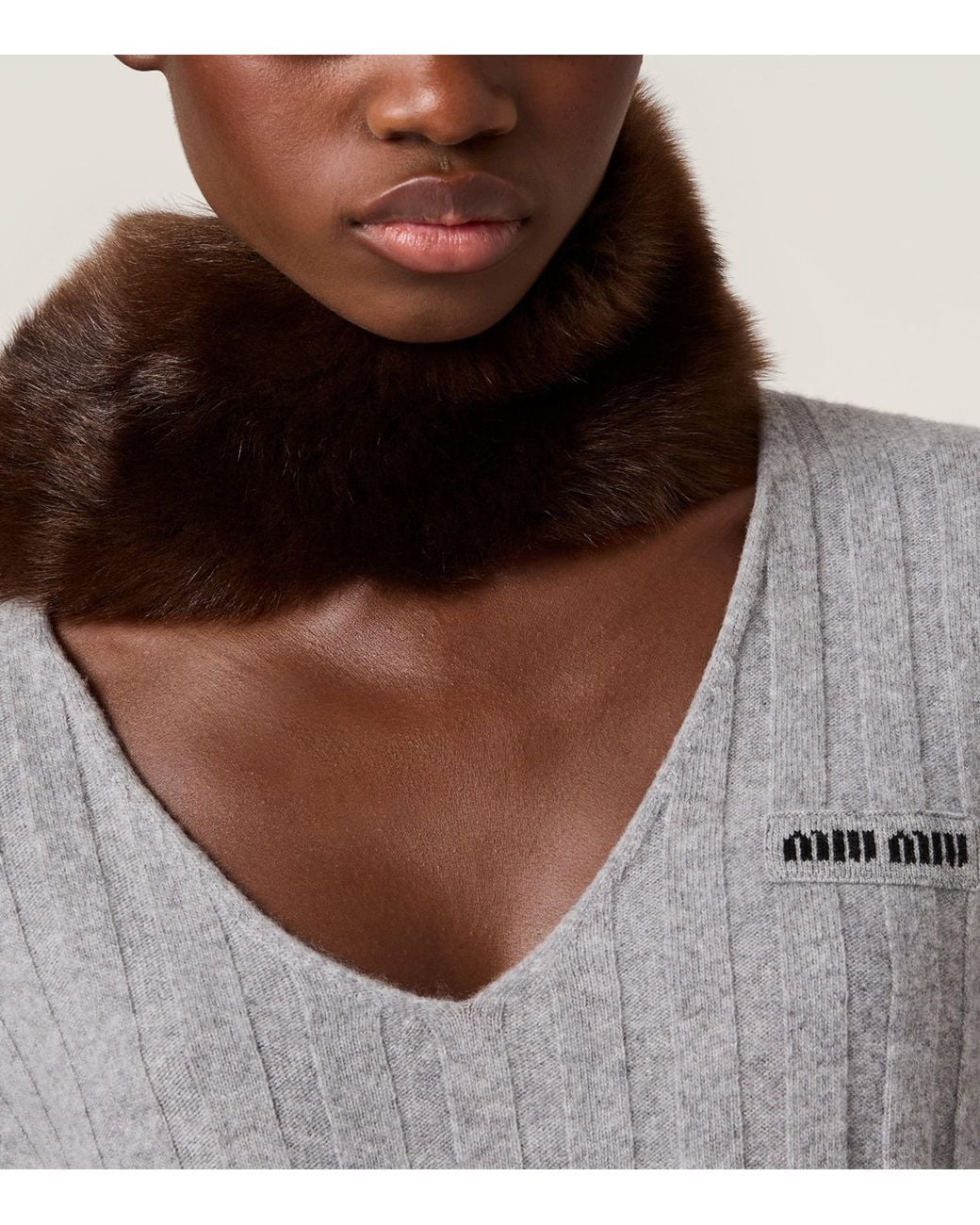 Miu Miu Gray Wool-Cashmere Ribbed Oversized Sweater