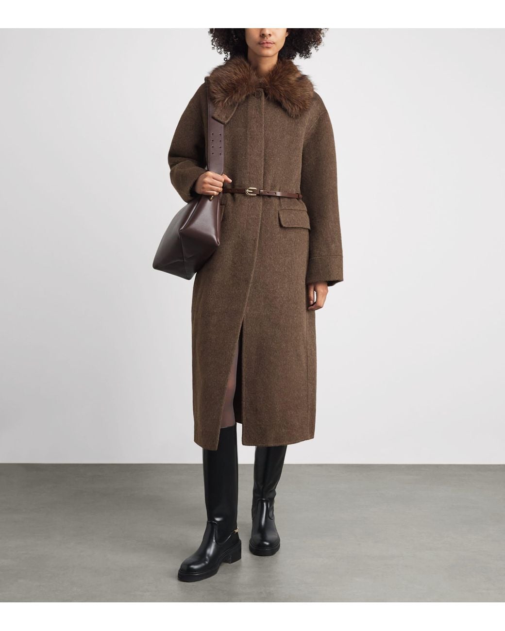 Maje Brown Wool-Blend Faux Fur-Collar Coat