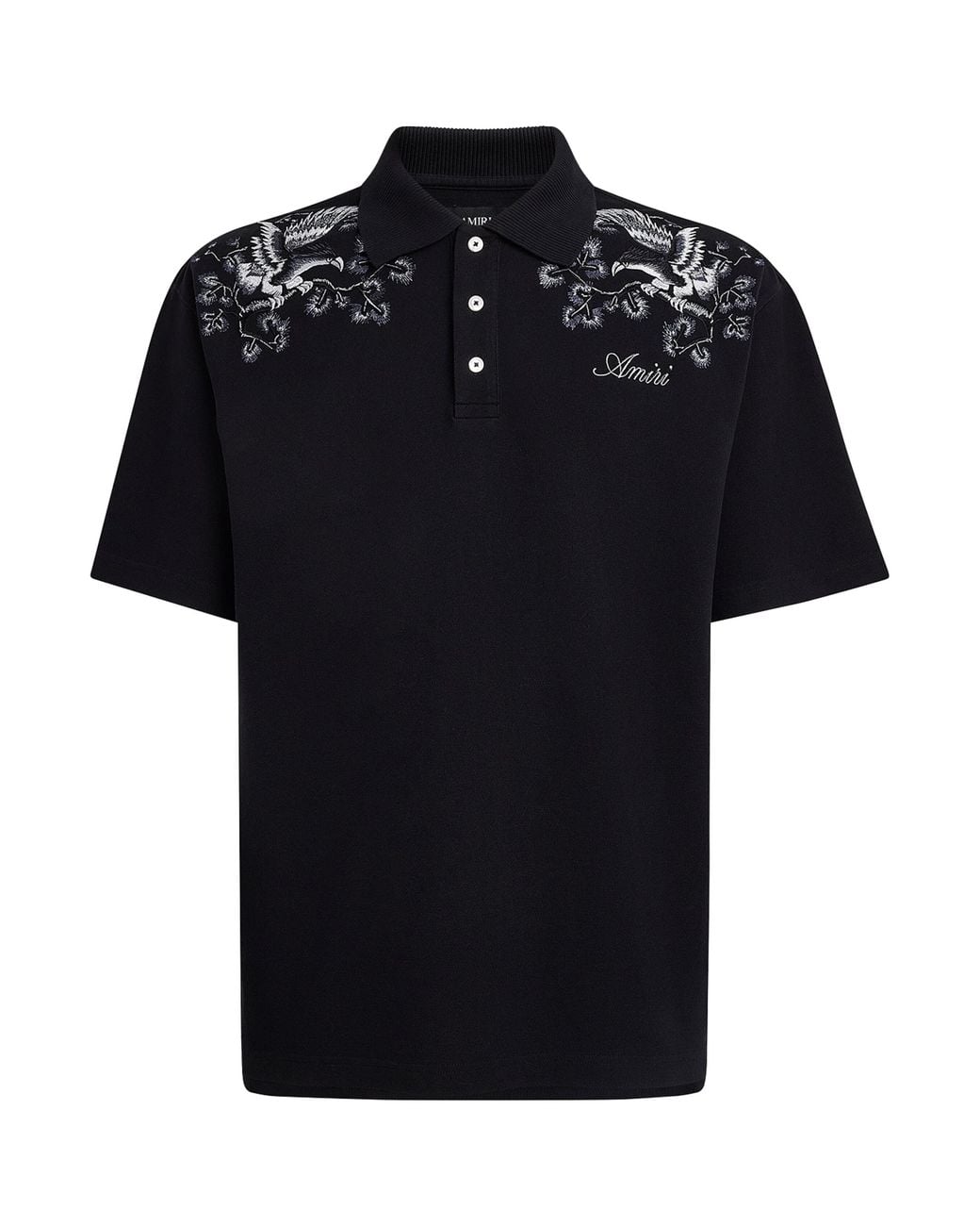 Amiri Black Cotton Floral-Embroidered Polo Shirt for men