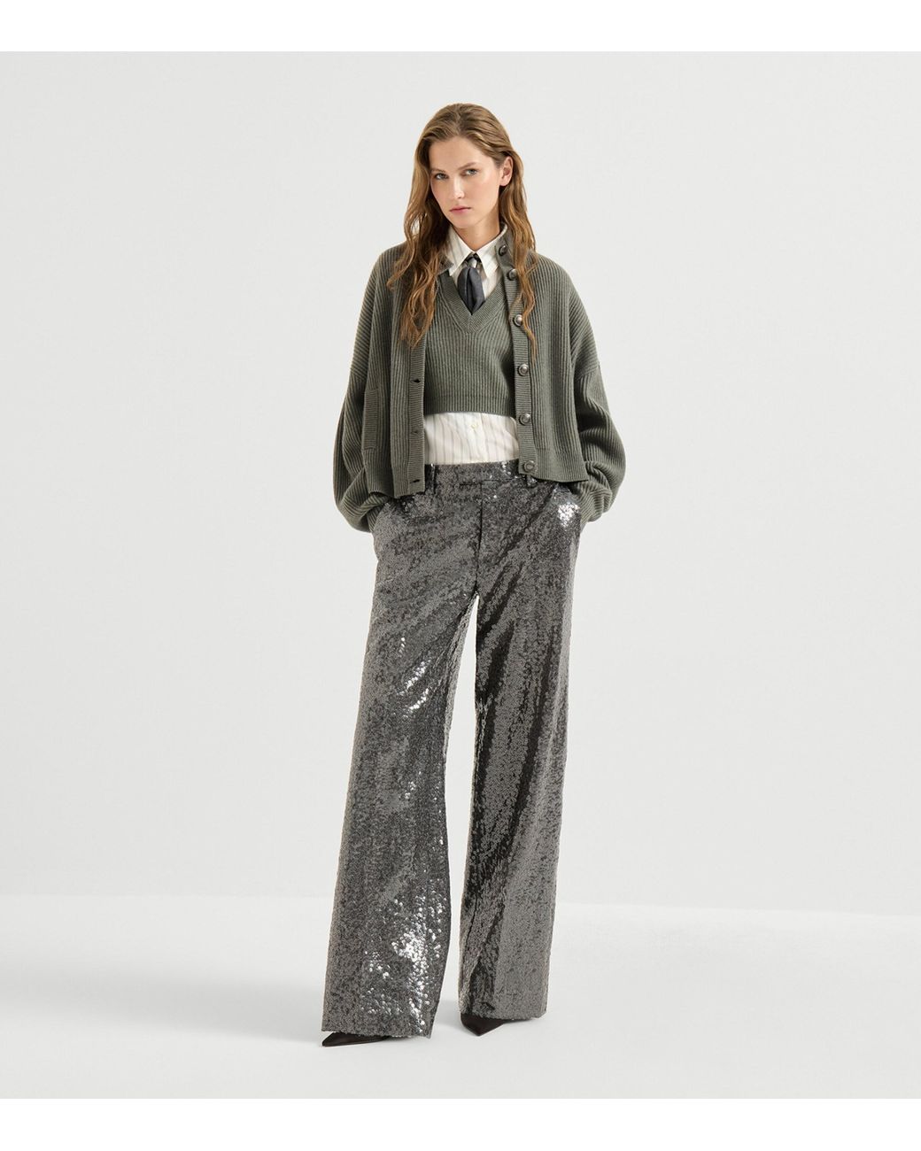Brunello Cucinelli Gray Virgin Wool Sequin Wide-Leg Trousers