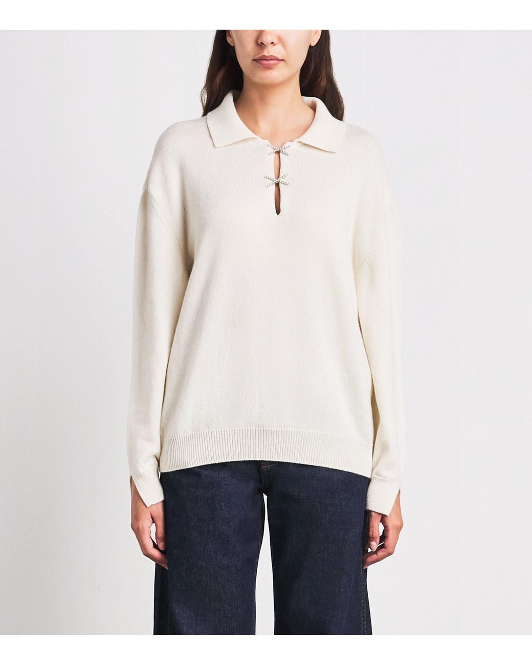 Barrie White Cashmere Sparkling-Bow Polo Sweater