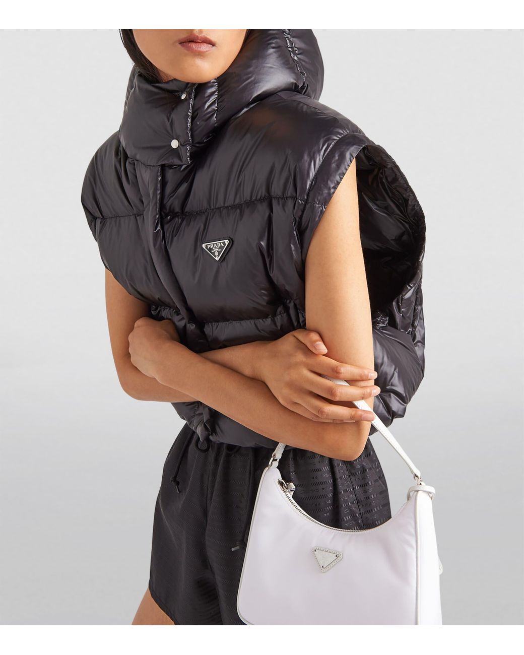 Prada Black Logo-Plaque Padded Cropped Shell-Down Jacket