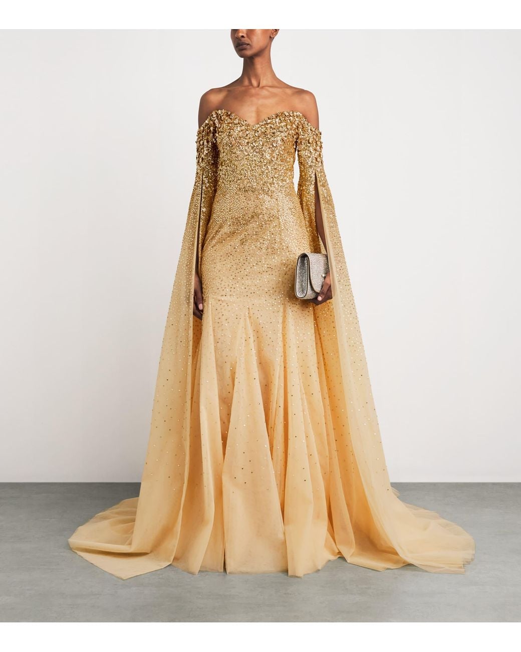 Pamella Roland Natural Sequinned Cape-Sleeve Gown