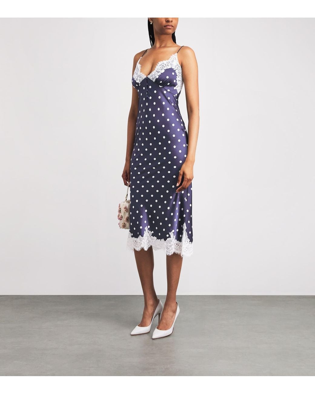 Self-Portrait Purple Satin Lace-Trim Polka-Dot Midi Dress