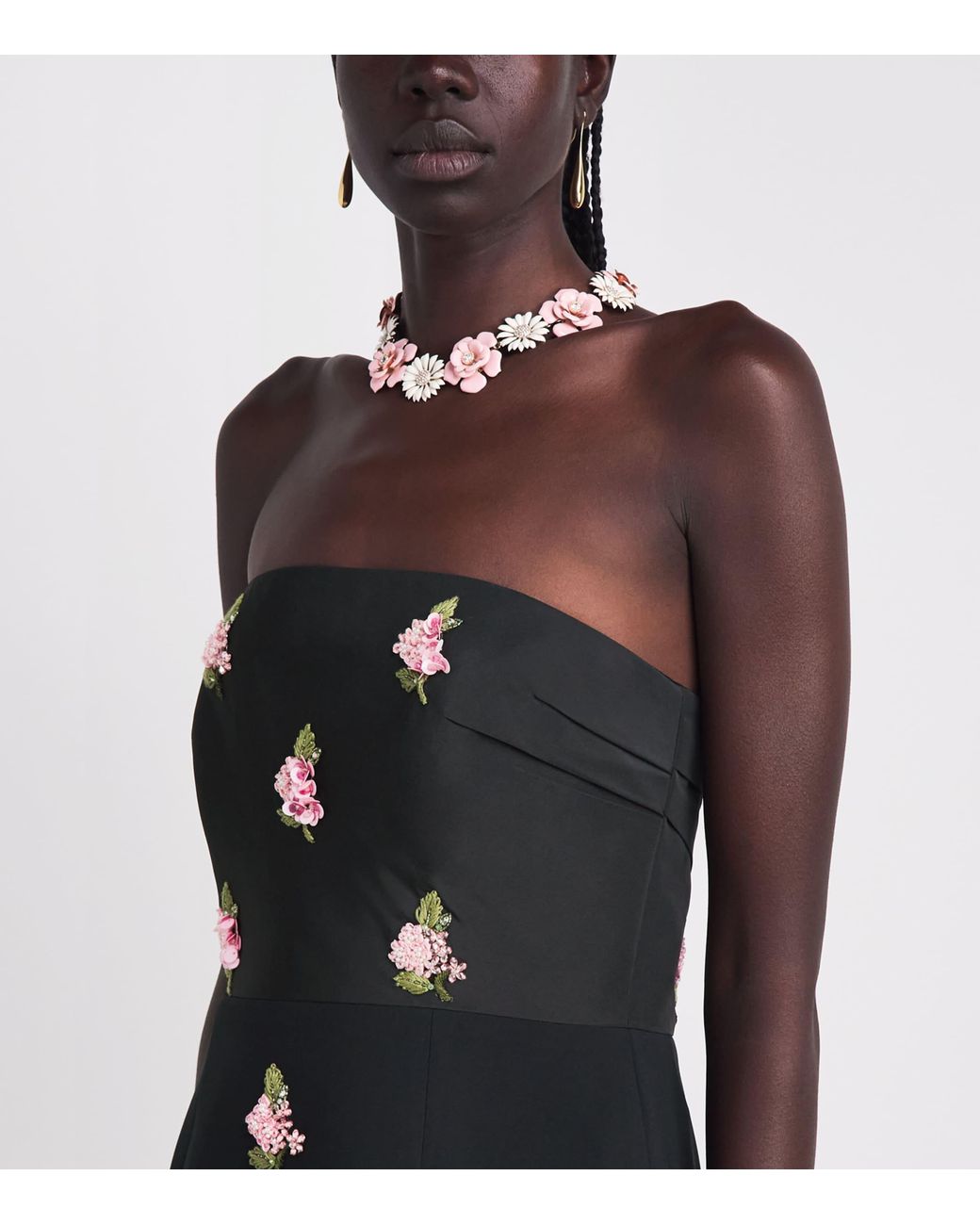 Carolina Herrera Black Floral Embroidered Strapless Midi Dress