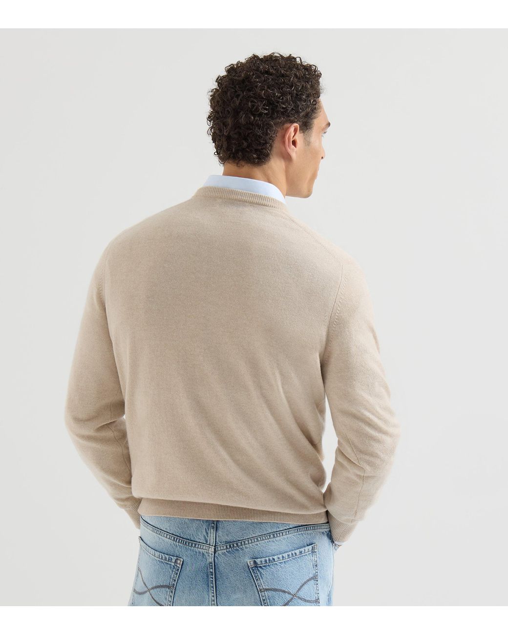 Brunello Cucinelli White Cashmere V-Neck Sweater for men