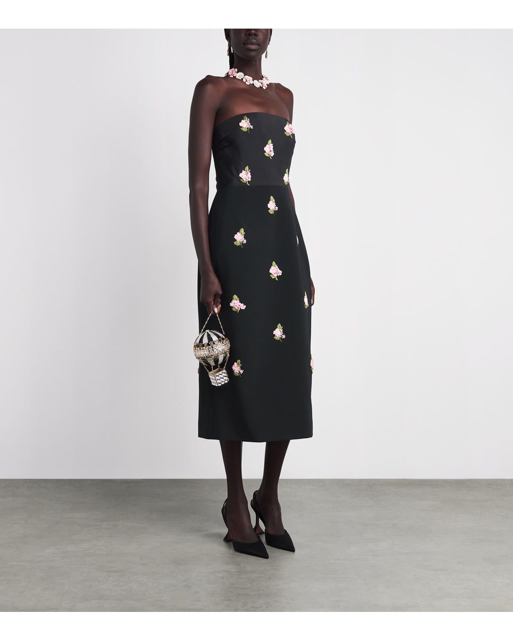 Carolina Herrera Black Floral Embroidered Strapless Midi Dress