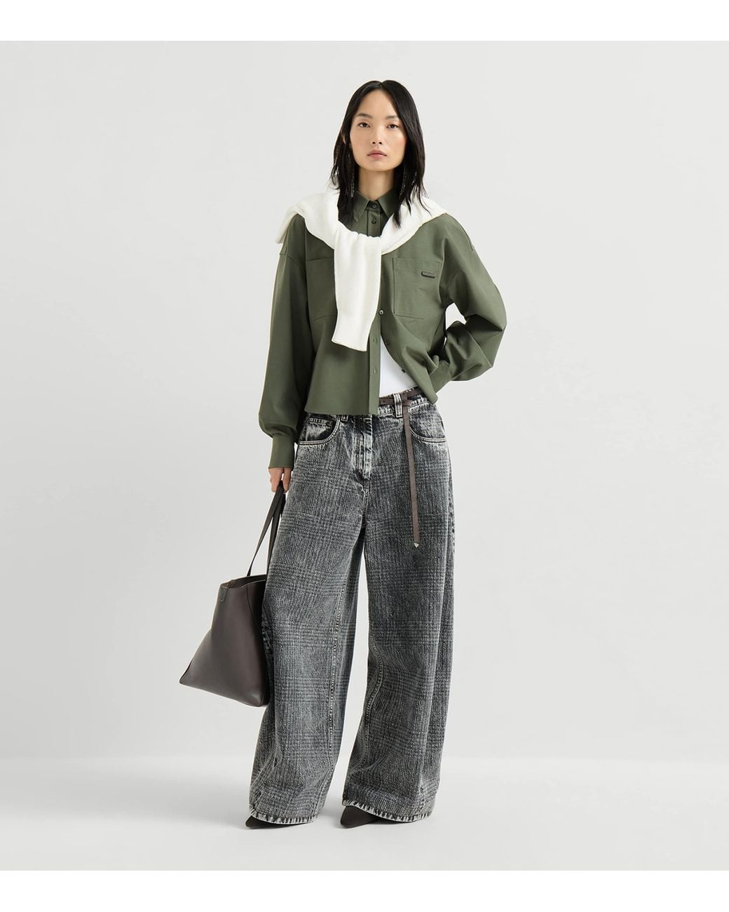 Brunello Cucinelli Green Virgin Wool-Blend Monili-Tab Shirt