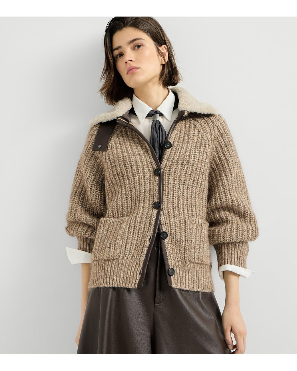 Brunello Cucinelli Brown Shearling-Trim Cardigan