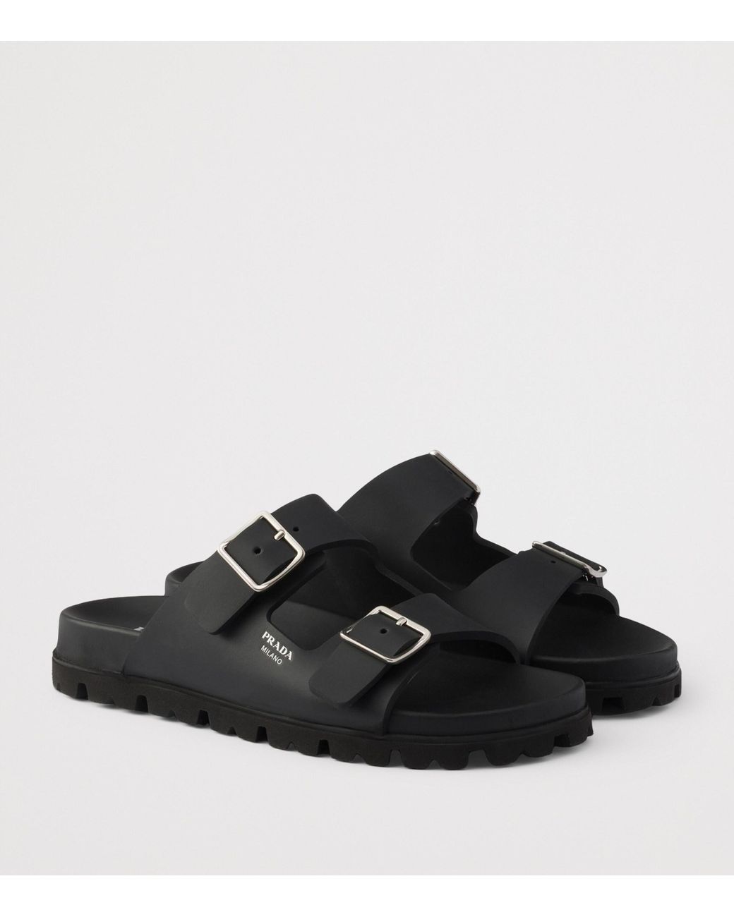 Prada Black Buckle Slides