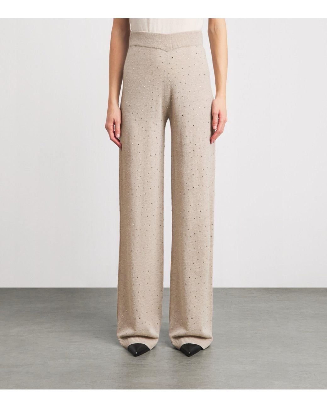 Allude White Wool-Cashmere Crystal-Embellished Trousers
