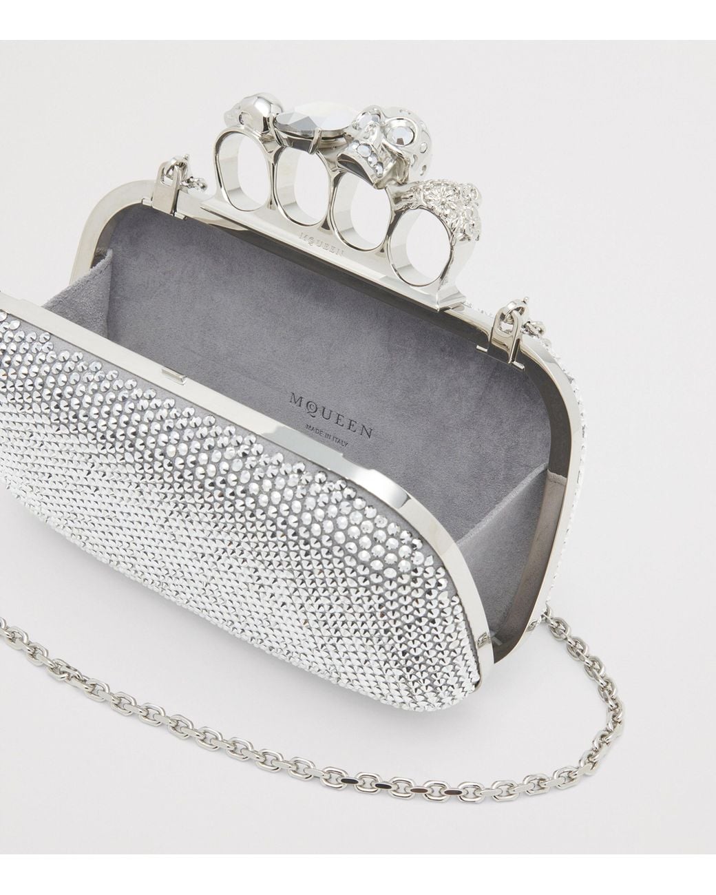 McQueen Gray Crystal-Embellished Knuckle Clutch Bag