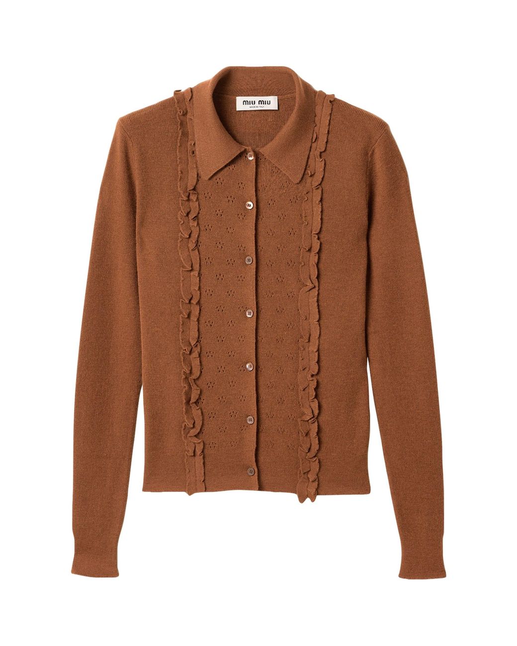 Miu Miu Brown Cashmere-Silk Ruffled Cardigan