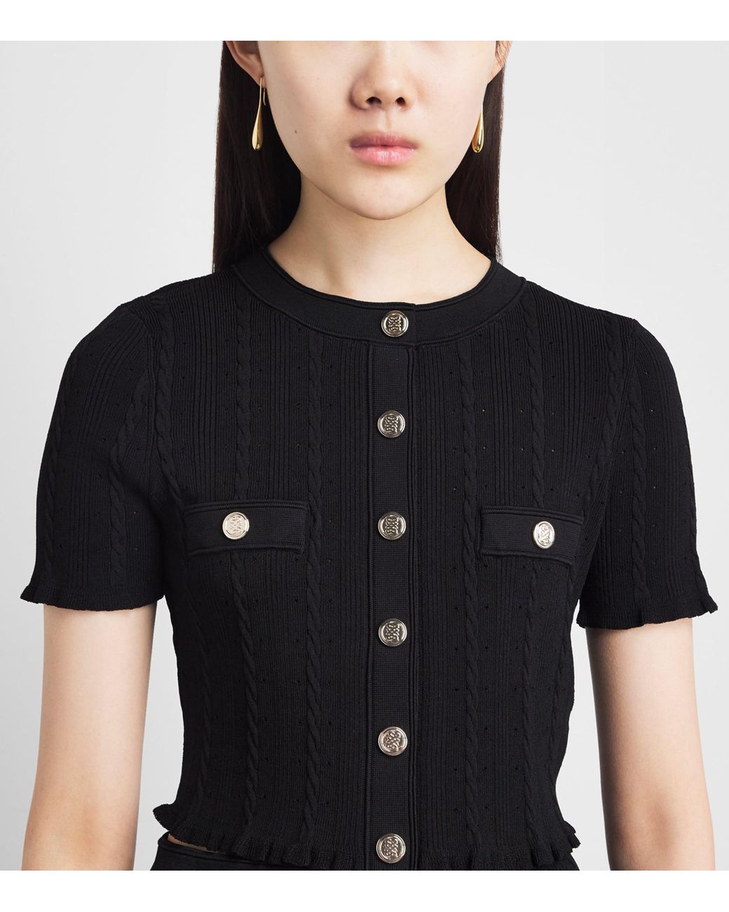 Sandro Black Pointelle-Knit Cropped Cardigan
