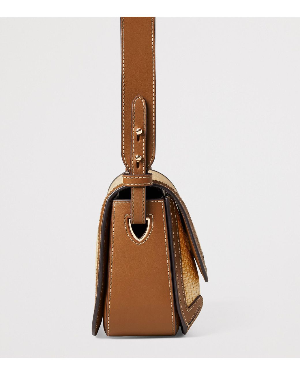 Aspinal Brown Leather Raffia-Front Ella Cross-Body Bag