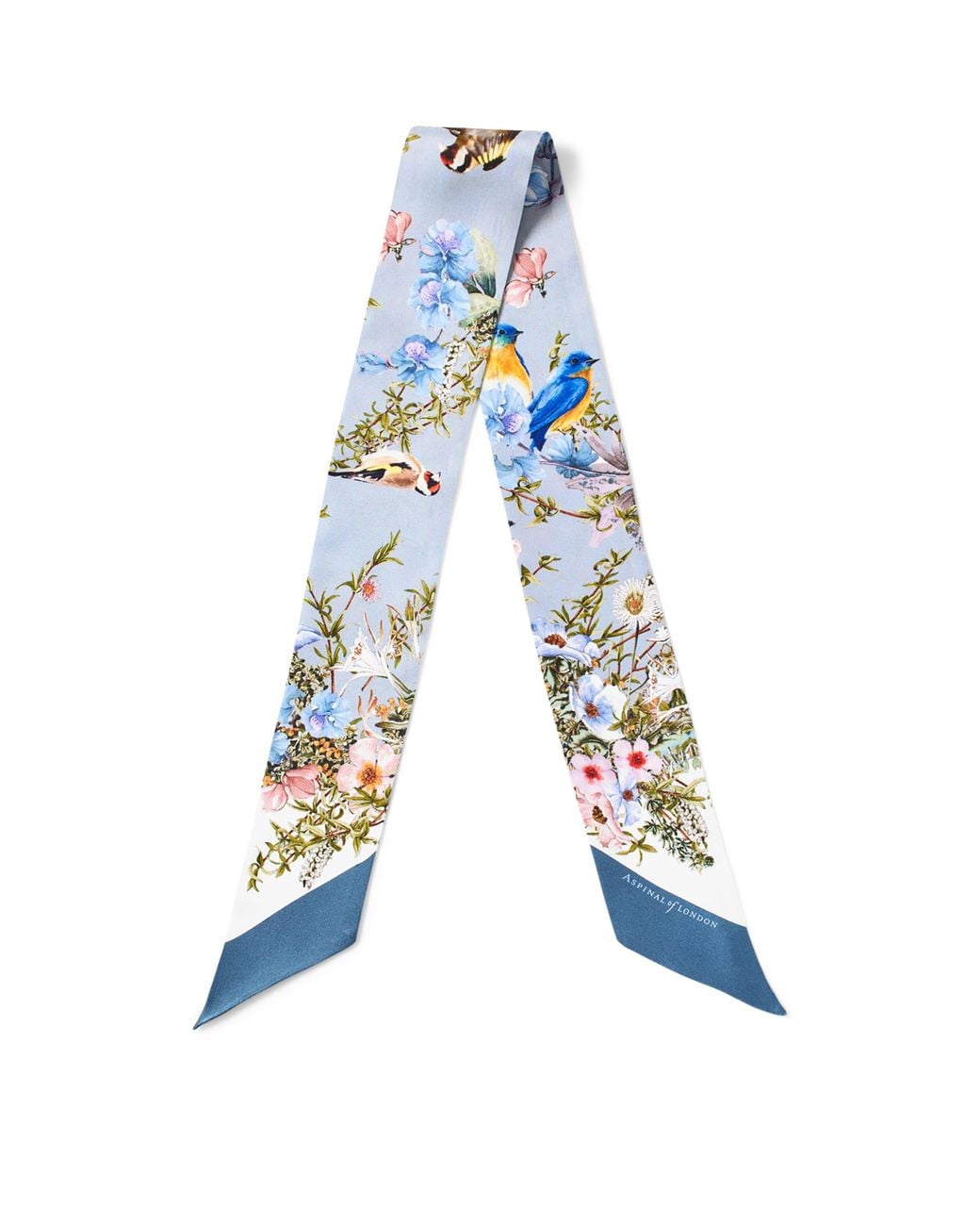 Aspinal Blue Silk Edwardian Garden Skinny Scarf