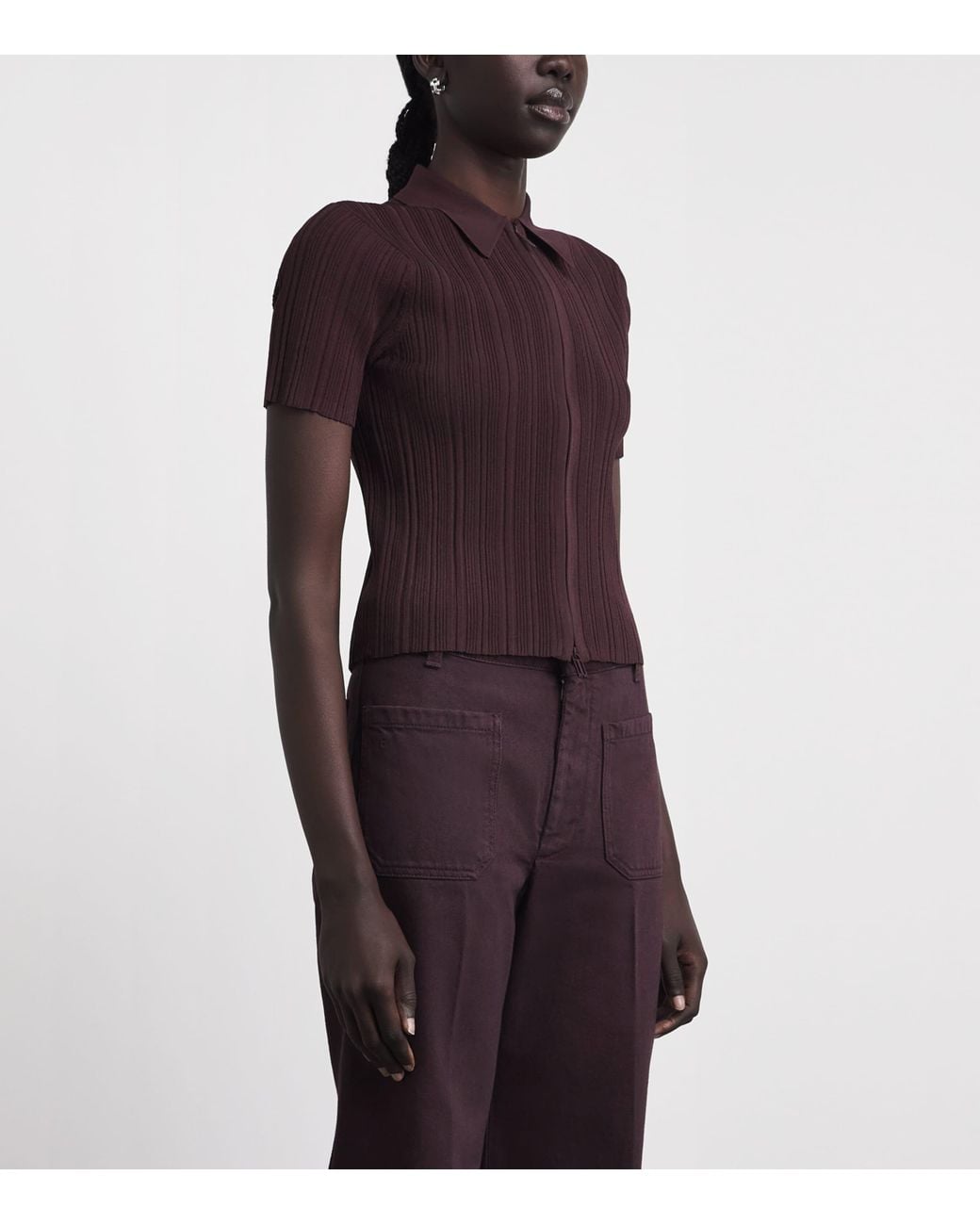 Victoria Beckham Purple Rib-Knit Zip-Up Polo Shirt