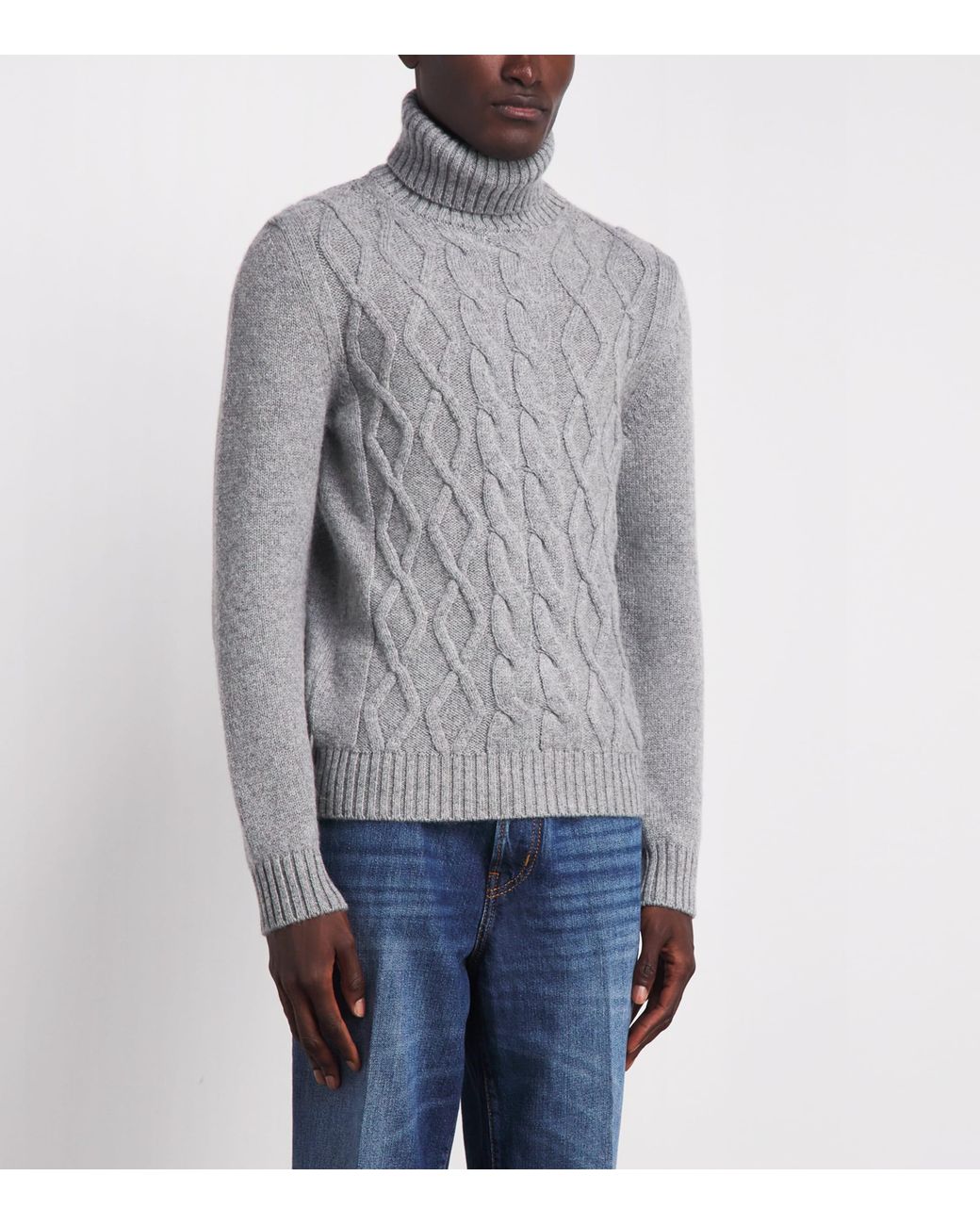 Isaia Gray Cashmere Cable-Knit Rollneck Sweater for men