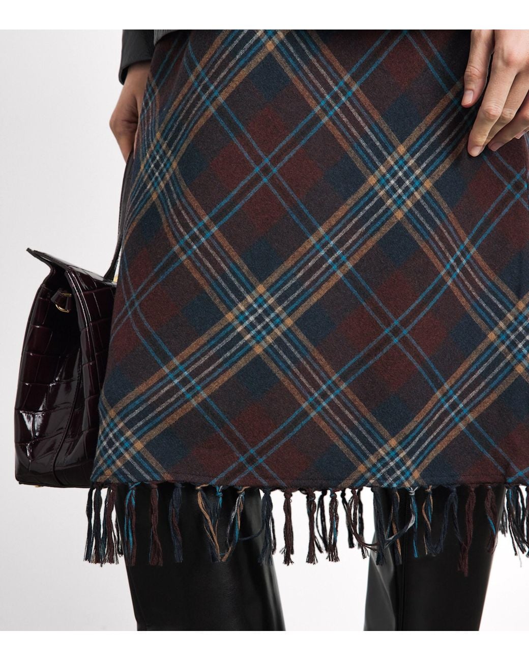 Doen Black Plaid Knotted-Fringe Elowette Midi Skirt