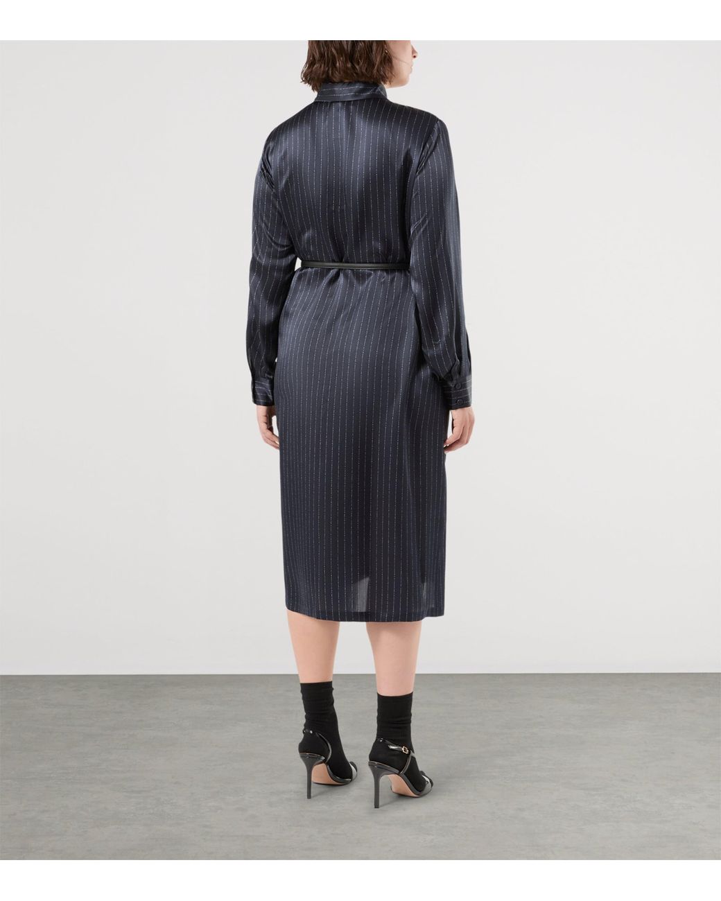 Marina Rinaldi Blue Silk Pinstripe Midi Dress