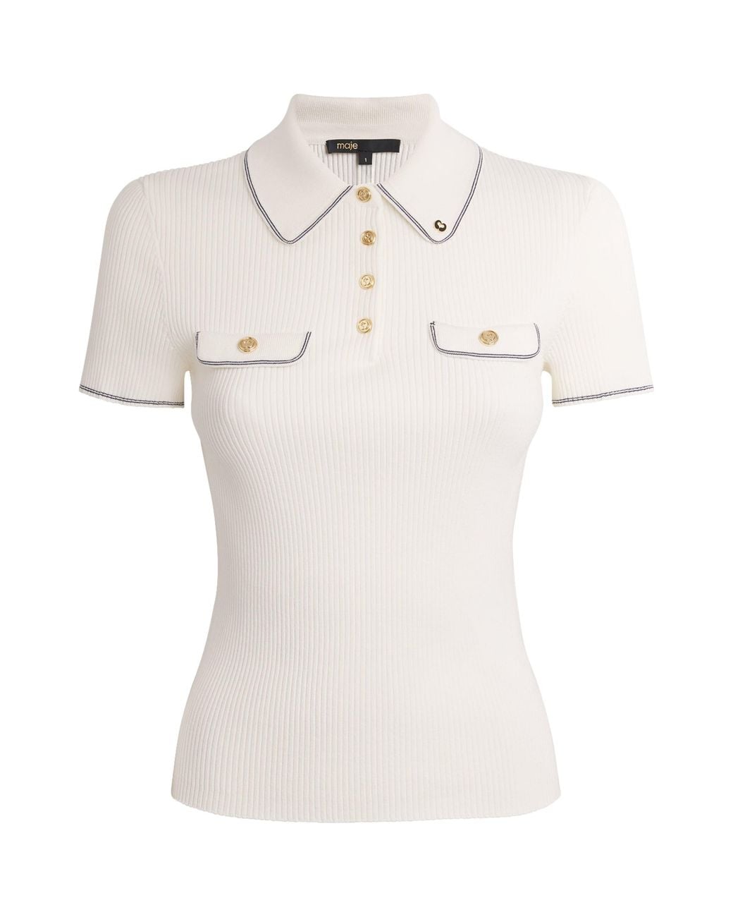 Maje White Rib-Knit Polo Shirt
