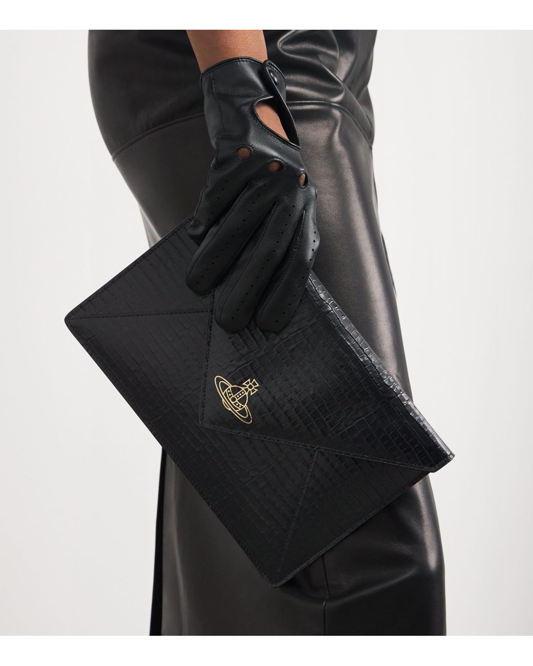 Vivienne Westwood Black Croc-Embossed Leather Envelope Clutch Bag