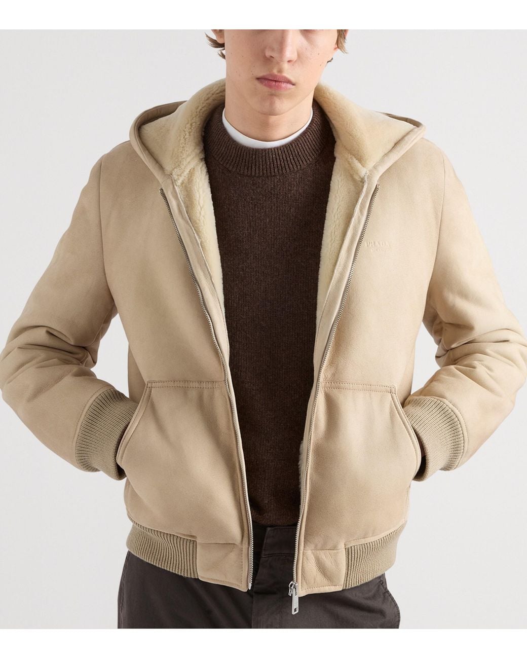 Prada Natural Shearling Hooded Bomber Jacket for men