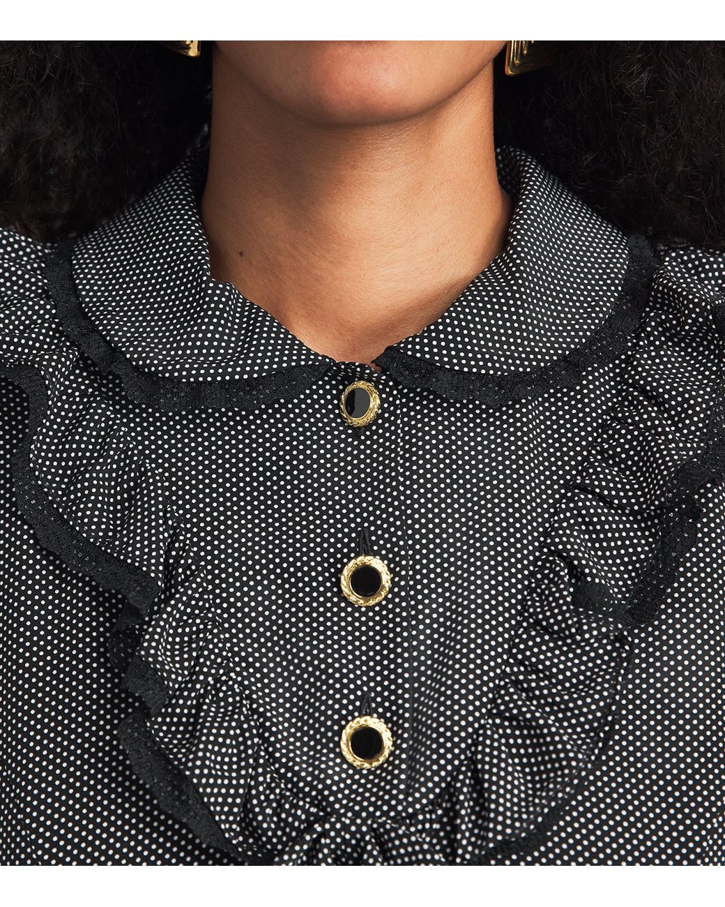 Alessandra Rich Black Silk Polka-Dot Collared Midi Dress